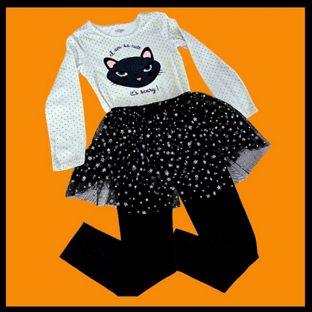 HALLOWEEN Girls Toughskins Cute Cat Tutu 2 pc White/Black Glitter Sz 5/6